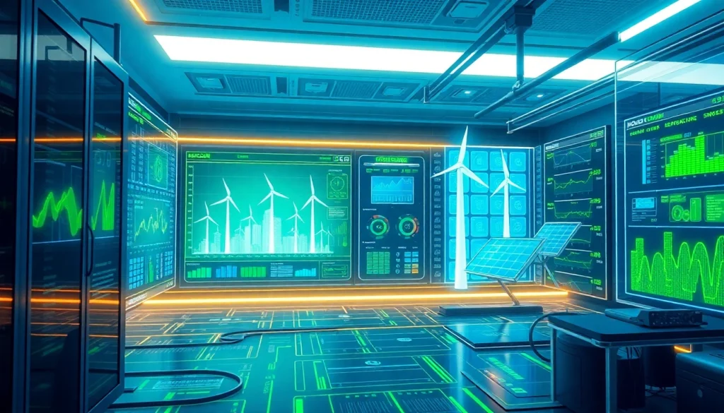 Visual representation of dogecoin cloud mining operation with advanced tech and renewable energy sources.