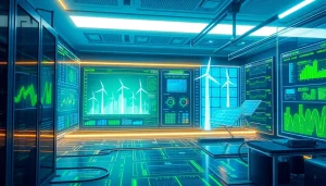 Visual representation of dogecoin cloud mining operation with advanced tech and renewable energy sources.