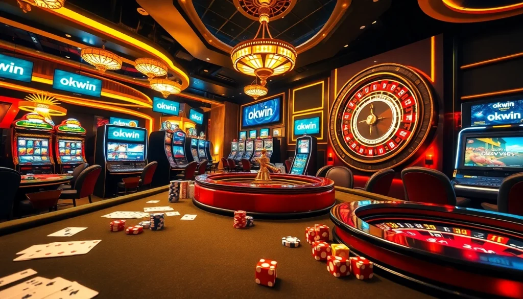 A vibrant casino scene featuring players engaging with cards and chips, highlighting okwin gaming excitement.