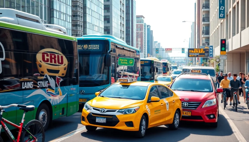 Showcasing diverse transportation methods in an urban landscape highlighting efficiency and movement.