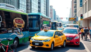 Showcasing diverse transportation methods in an urban landscape highlighting efficiency and movement.