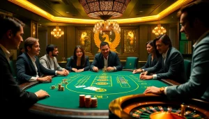 Go8 players engaging in a high-stakes poker game at an upscale casino table.