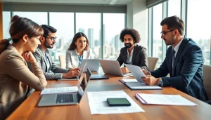 Collaboration in Contract Management with a diverse team reviewing documents in a bright office.