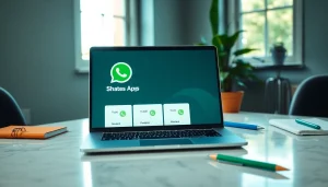 Enhance customer interaction with WhatsApp Business CRM displayed on a modern laptop in a professional workspace.