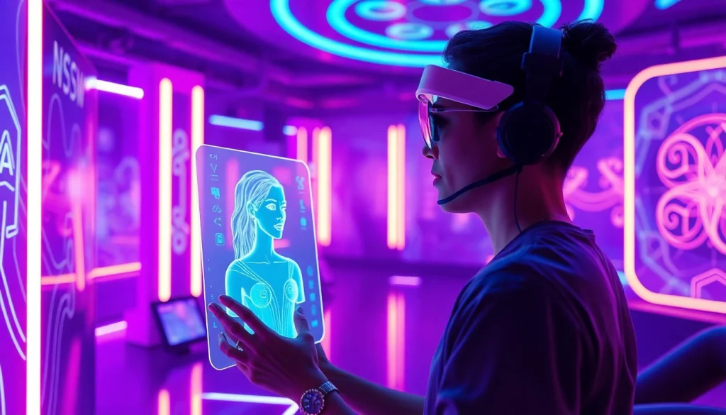 A user interacting with a vibrant NSFW AI chatbot in a futuristic virtual landscape.
