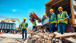 Construction debris removal team efficiently clearing materials at a job site.