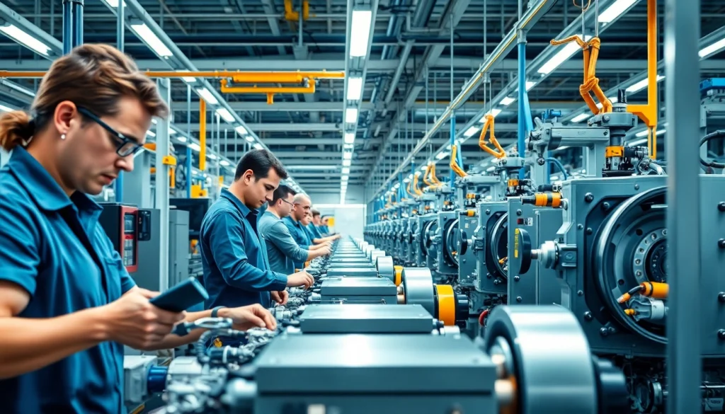 Workers operating machinery for das 140 in a bright, dynamic factory setting.