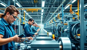 Workers operating machinery for das 140 in a bright, dynamic factory setting.