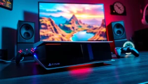 Showcase of PS5 Pro game reviews highlighting a vibrant gaming setup with dynamic visuals.