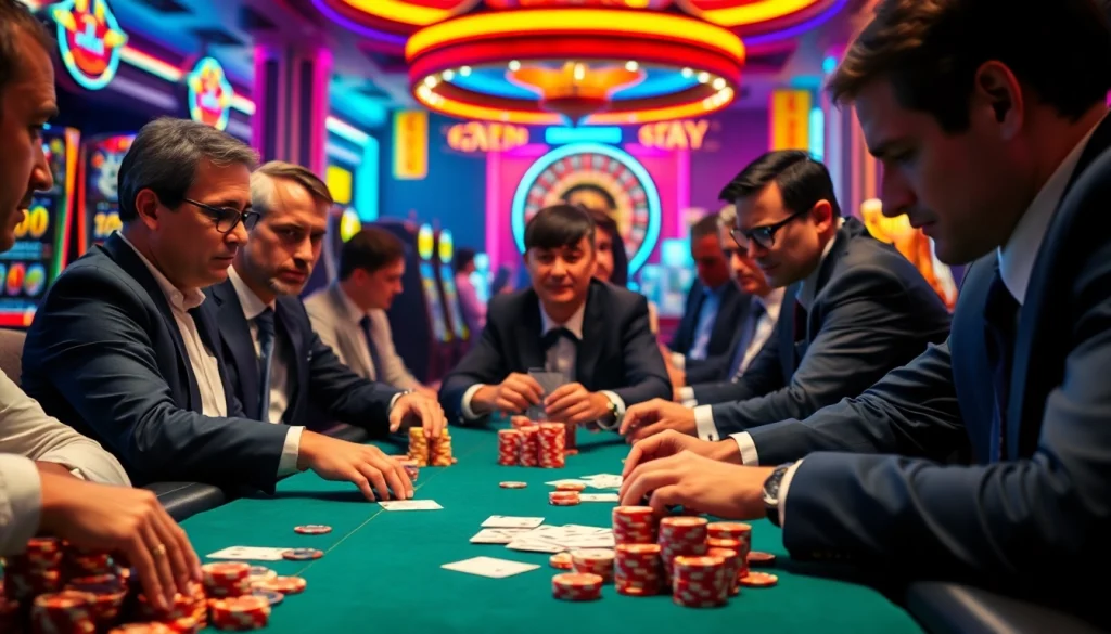 SODO casino players strategizing their next move at a high-stakes poker table with vibrant neon lights.