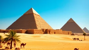 Witness piraminds standing tall against a clear sky, showcasing their magnificent architecture and history.