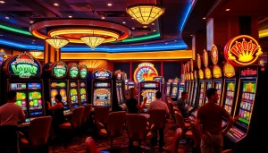 Engaging players at vibrant SLOT GACOR machines in an exciting casino setting with colorful graphics.