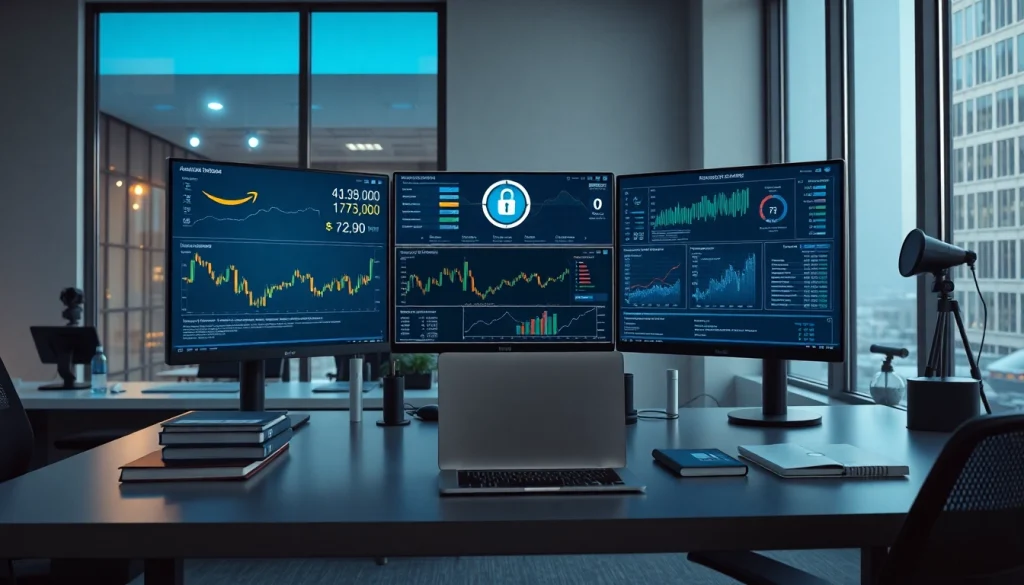 Innovative workspace highlighting infosec with financial charts and cybersecurity displays.
