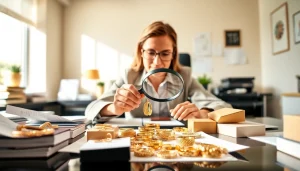 Valutando oro nel processo di compro oro a distanza, con gioielli e documentazione.