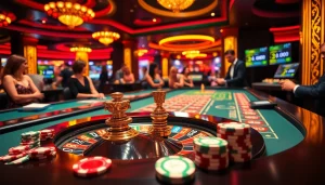 Experience the thrill of luck8 with players engaging at a roulette table in a luxurious casino.