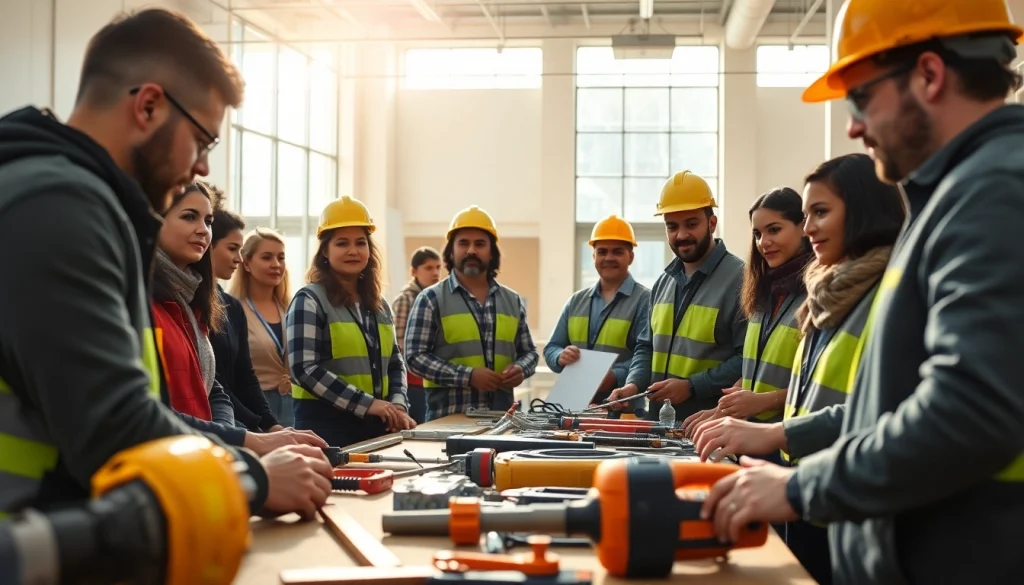 Engaged participants in construction training programs demonstrating skills in a vibrant, well-lit training facility.