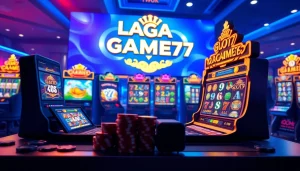 LAGAGAME77 online gaming interface showcasing interactive slot games with vibrant graphics and chips.