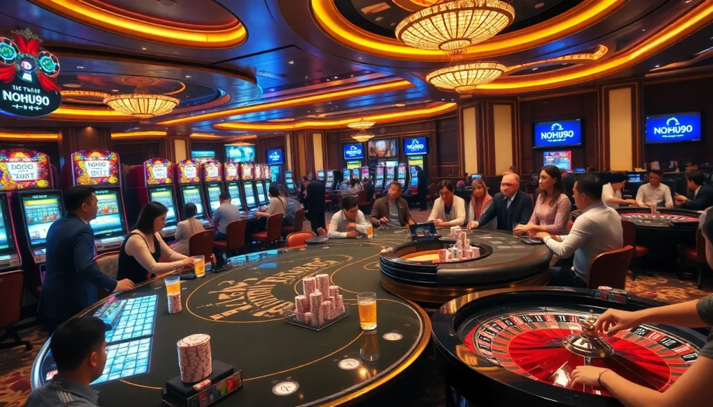 Players enjoying a vibrant casino scene featuring NOHU90-themed games and excitement.