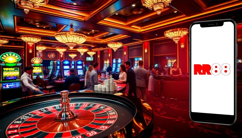 Exciting game scene with RR88 branding, featuring roulette, poker chips, and players.