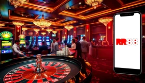 Exciting game scene with RR88 branding, featuring roulette, poker chips, and players.