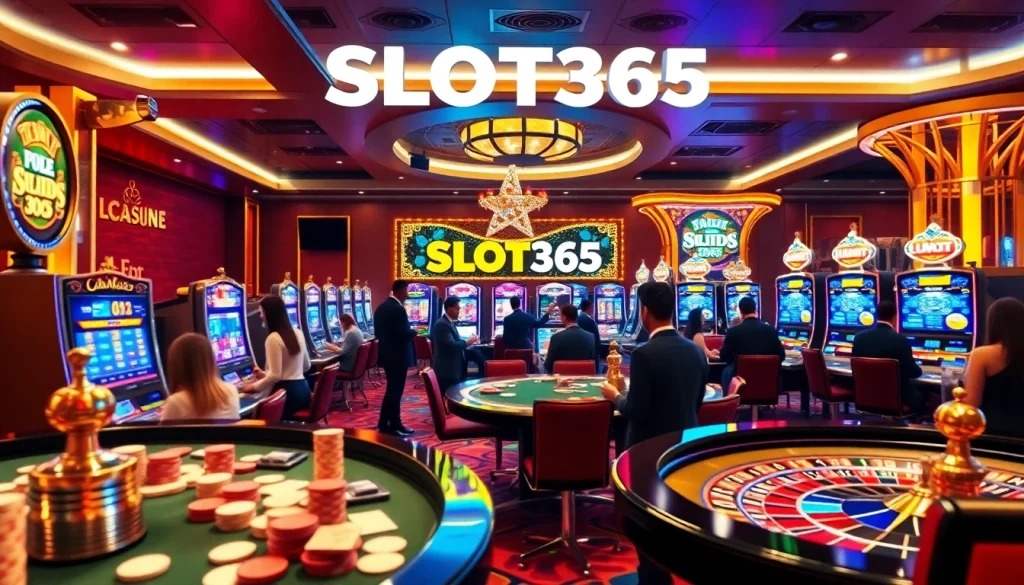 Experience the dynamic excitement of SLOT365 with players engaged at colorful slot machines.