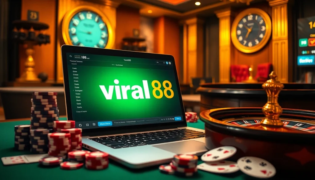 Engaging image of viral88 online gambling interface with poker chips and a roulette wheel.