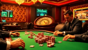 Intense players engaging in high-stakes poker at a casino, showcasing link alternatif sbobet betting interface options.