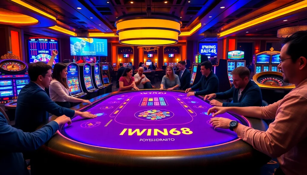 Players enjoying the IWIN68 gaming experience with vibrant casino elements and high-quality graphics.
