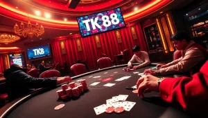 Feel the excitement of gambling with high-stakes poker at TK 88 casino, complete with chips and cards.