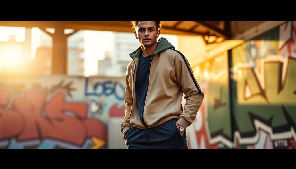 Essentials Tracksuit showcased in a trendy urban setting with a model exuding style and confidence.