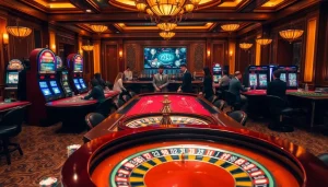 Exciting casino scene at https://go99.observer/ featuring roulette wheels, poker games, and vibrant slot machines.