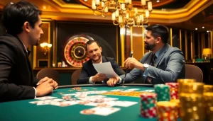 Immigration lawyer Brisbane advising clients at a casino table surrounded by cards and chips.