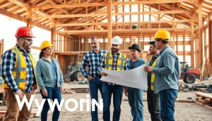 Construction association Wyoming team planning a project with detailed blueprints on site.