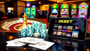 Experience excitement with the 8KBET online casino, featuring stunning poker chips and a vibrant roulette wheel.