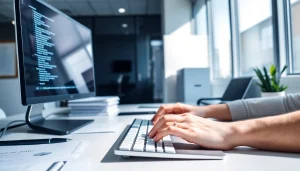 Efficient typist working in a vibrant typing center with modern tools and technology.