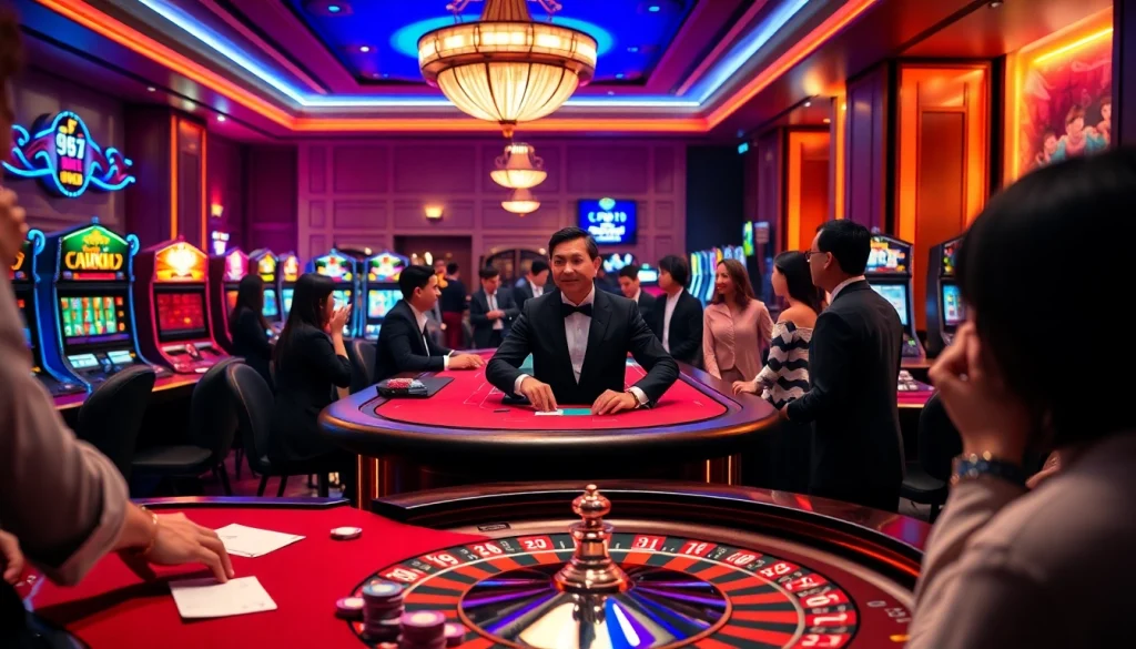 Players enjoying an exciting gaming experience at NHÀ CÁI LC88 casino with vibrant tables and colorful slots.