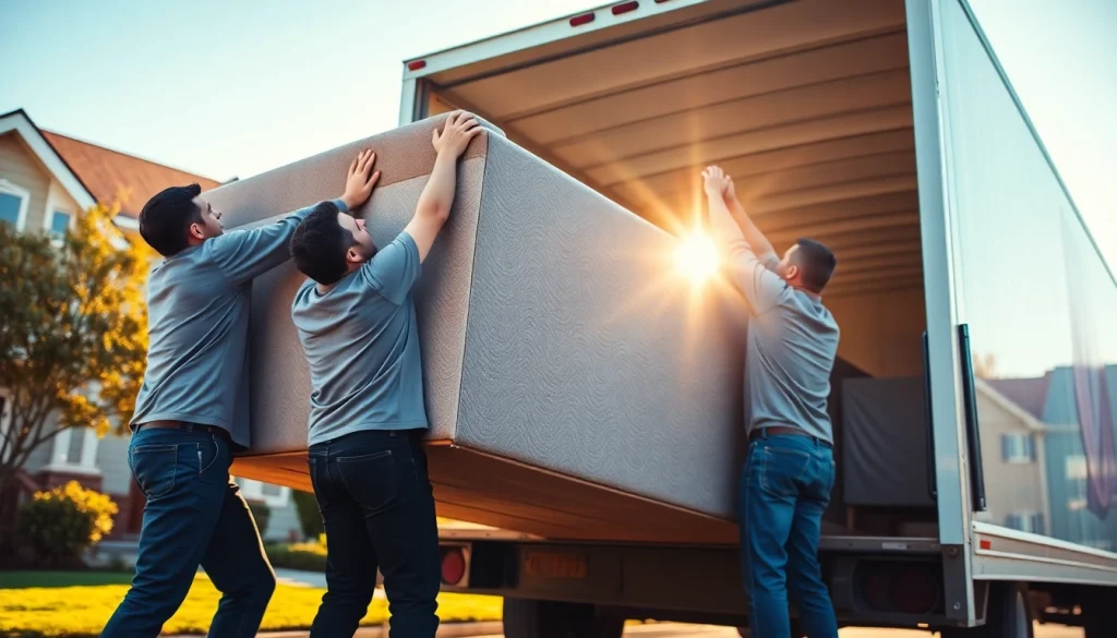 Movers from a moving company expertly loading a sofa onto a truck in a sunny neighborhood.
