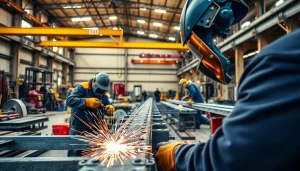 Welders engaged in structural steel fabrication, showcasing precision and craftsmanship in a workshop.