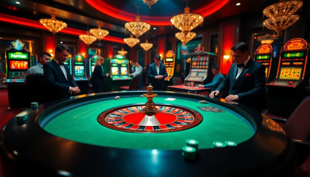 Exciting casino scene with roulette table and players at https://rr88c.mobi/ in a luxurious setting.