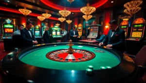 Exciting casino scene with roulette table and players at https://rr88c.mobi/ in a luxurious setting.