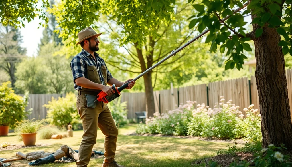 Gardener using the best electric pole saw for efficient tree trimming in a sunny backyard.
