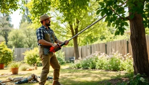 Gardener using the best electric pole saw for efficient tree trimming in a sunny backyard.