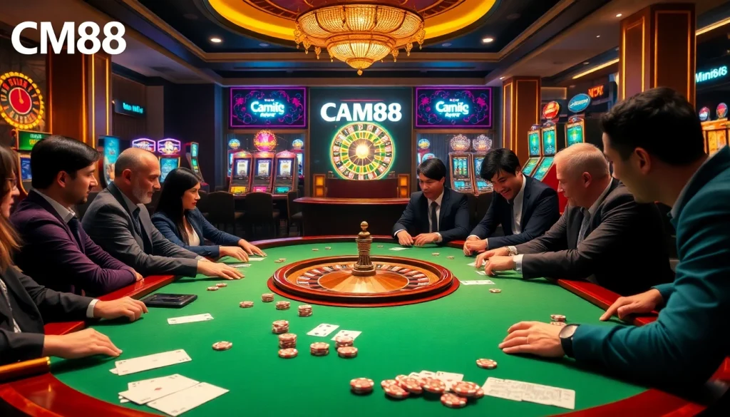 Players engaging in a high-stakes poker game with CM88 branding, showcasing excitement in a vibrant casino atmosphere.