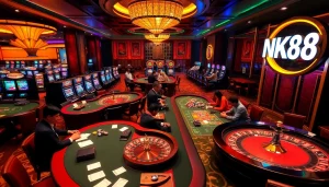 Players betting at casino tables with thrill and excitement, featuring NK88 elements prominently.
