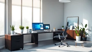 现代办公工作区，笔记本电脑上显示WPS官网界面，推动生产力与创新。