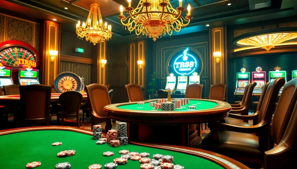 Experience high-stakes excitement at the TR88 poker table with vibrant chips and luxurious ambiance.