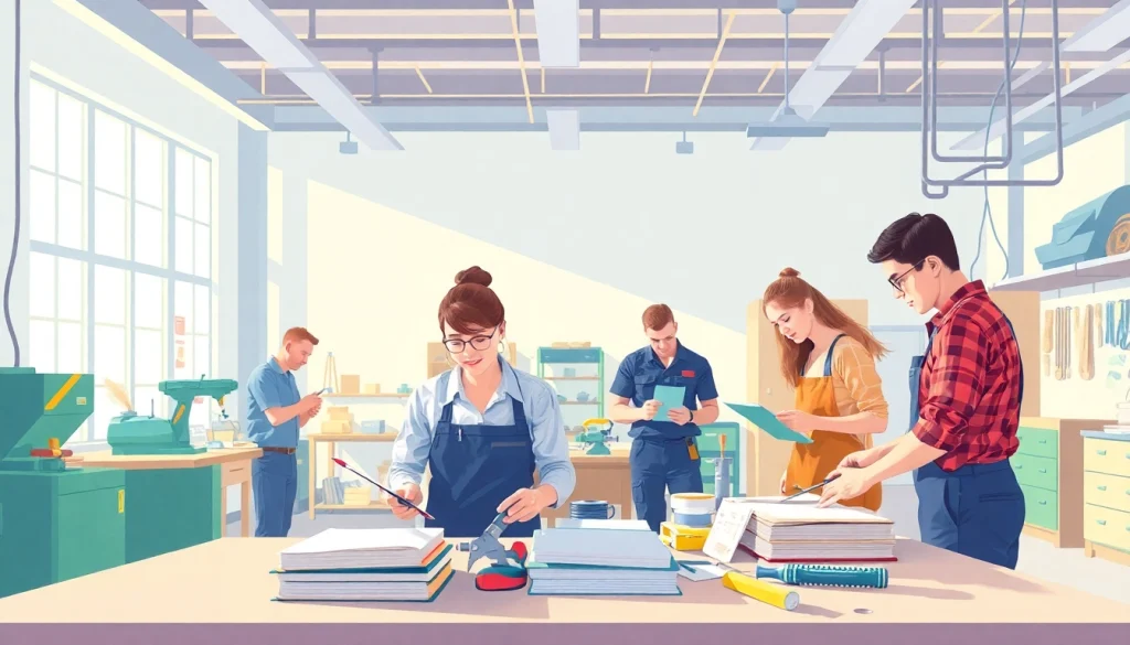 Students learning in a Trade School knoxville Tn workshop with tools and equipment.