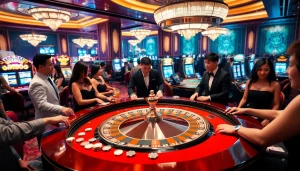 Exciting gambling atmosphere at LC88.COM with roulette, players, and vibrant slot machines.
