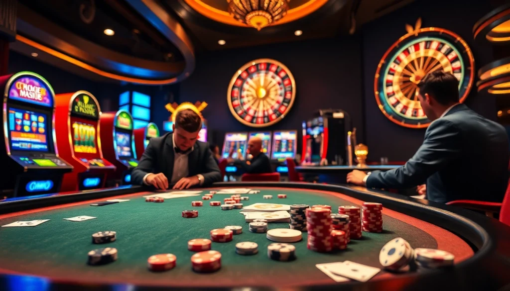 The hidden wiki 2026 showcases a thrilling casino scene with poker players, vibrant slot machines, and a roulette wheel.