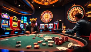 The hidden wiki 2026 showcases a thrilling casino scene with poker players, vibrant slot machines, and a roulette wheel.